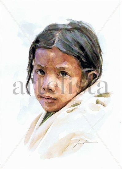 Niña Nepalí Acuarela Papel Figura