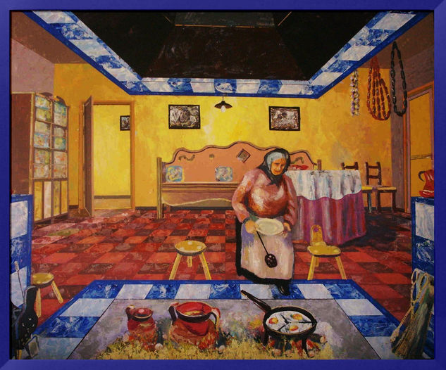 LA COCINA DE LA ABUELA Oil Panel Figure Painting