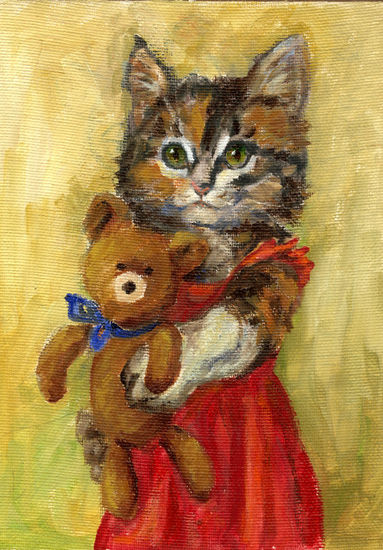 gata con oso Oil Panel