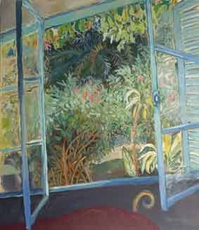 Ventana turquesa al jardin