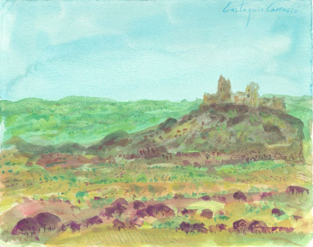 Castillo derruido sobre un promontorio. Watercolour Card Landscaping