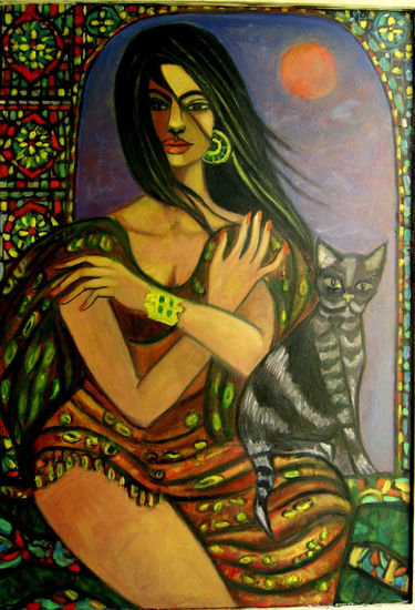 ODALISCA CON GATO NEGRO Oil Canvas Figure Painting