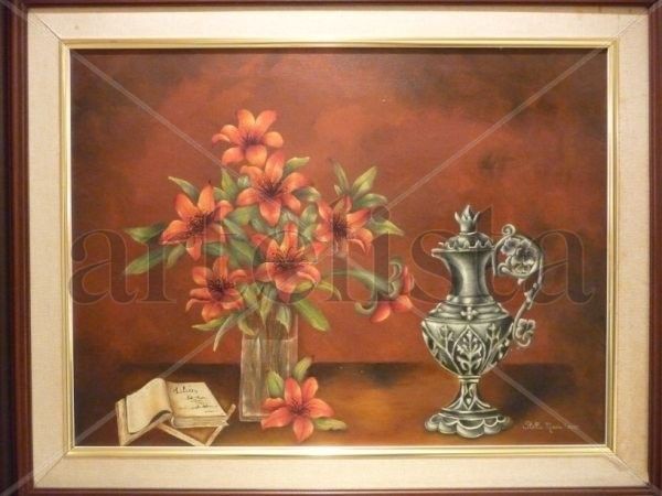 jarra de plata y libro Oil Canvas Still Life Paintings