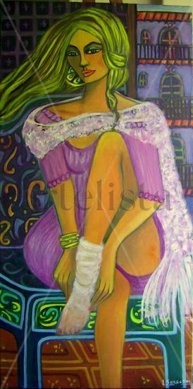 mujer poniendose la media Óleo Lienzo Figura