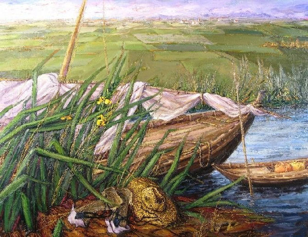 Los Lirios y la Barca Óleo Lienzo Paisaje