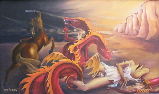 San Jorge y Diana cazadora matando al dragon 