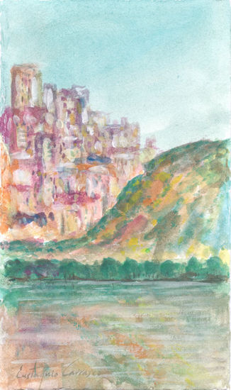 Lago promontorio y ciudad Watercolour Paper Landscaping