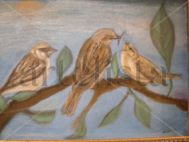 Gorríones, pintados al pastel
