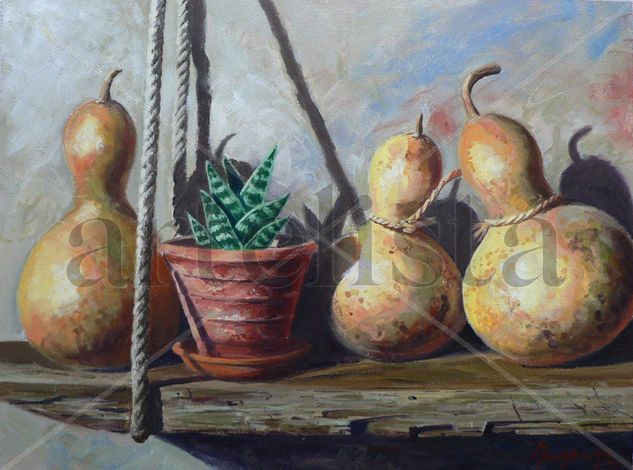 Calabazas y maceta Oil Panel Still Life Paintings