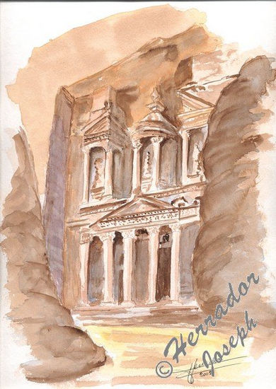 Tresoro de Petra Jordanie Acuarela Papel Paisaje