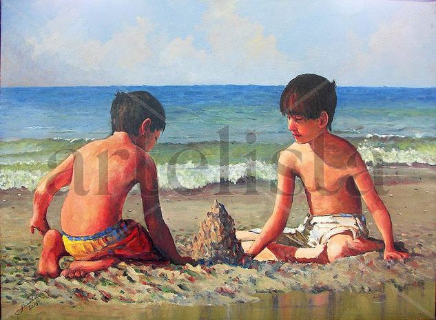 Meninos brincando na praia. Óleo Tela Figura