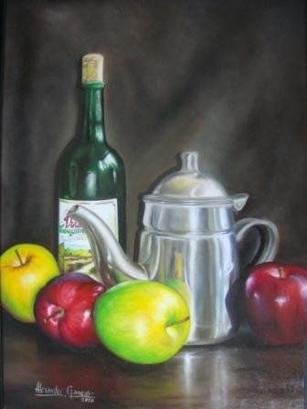 MANZANAS Y BOTELLA Oil Canvas Still Life Paintings