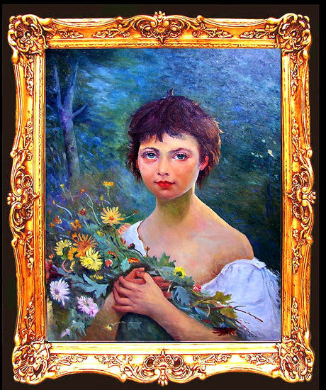 Menina com flores Oil Canvas Portrait