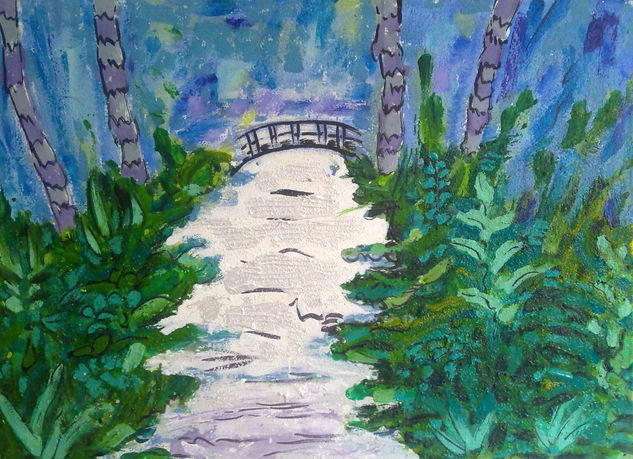 puente sobre agua que fluye Mixed media Canvas Landscaping