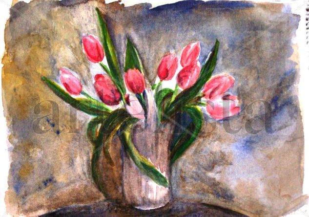 Jarrón de tulipanes Watercolour Paper Floral Painting