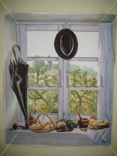 Bodegón del paraguas y sombrero. Watercolour Paper Still Life Paintings