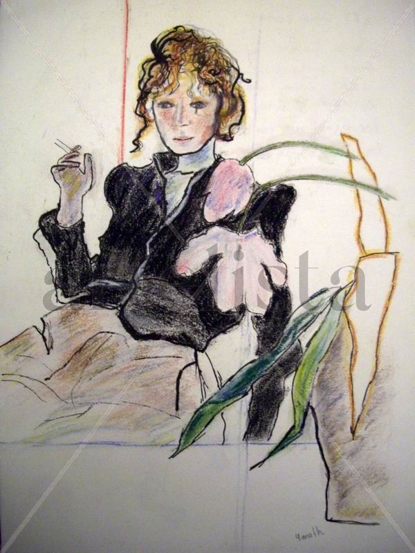 Celia con traje negro y flores, interpretación.