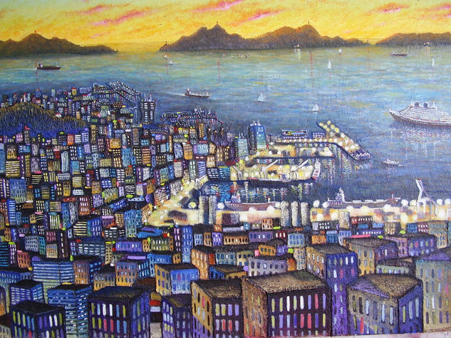 Ciudad de Vigo al atardecer Oil Canvas Landscaping