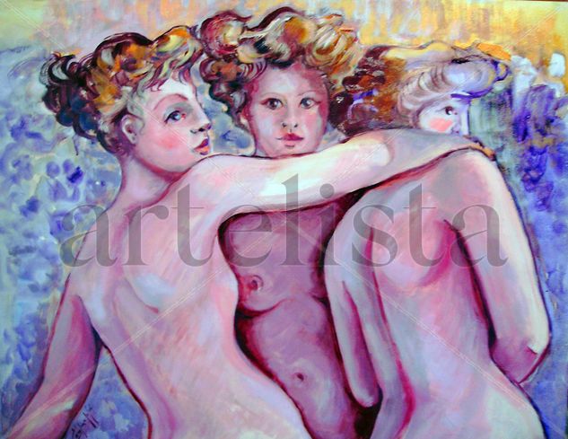 TRES AMIGAS Óleo Tabla Desnudos