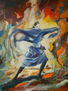 DANZA SOBRE FONDO NARANJA, ROJO Y AZUL