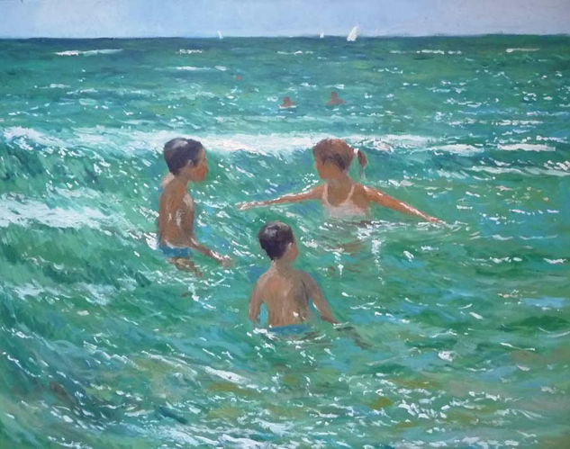 NIÑOS EN EL MAR Óleo Lienzo Paisaje