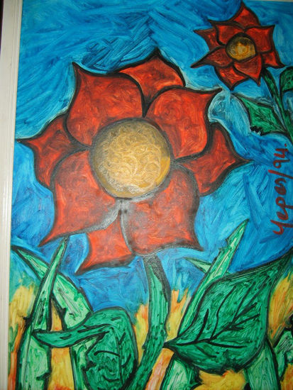 Flor Roja Oil Paper Floral Painting