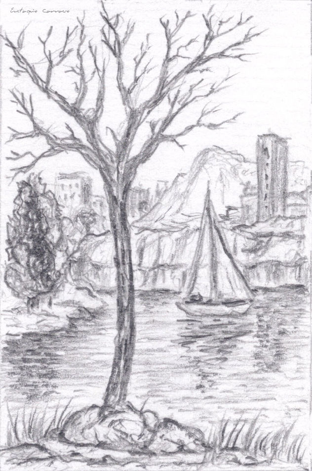 Árbol seco, lago, velero y ciudad al fondo