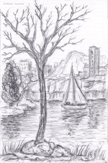 Árbol seco, lago, velero y ciudad al fondo Charcoal