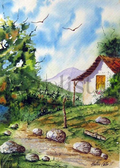 Cabaña Acuarela Papel Paisaje