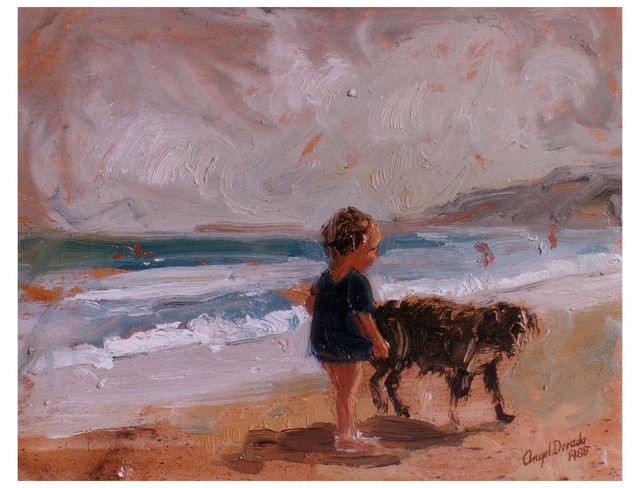 Alejandro con un perro en Torrevieja Oil Panel Figure Painting