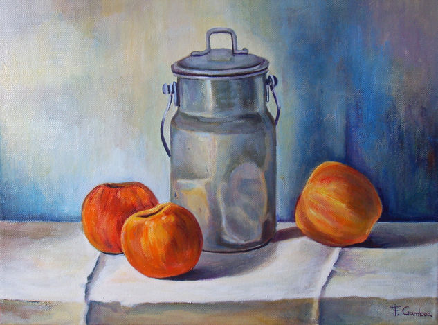 Bodegón lechera y manzanas. Oil Canvas Still Life Paintings