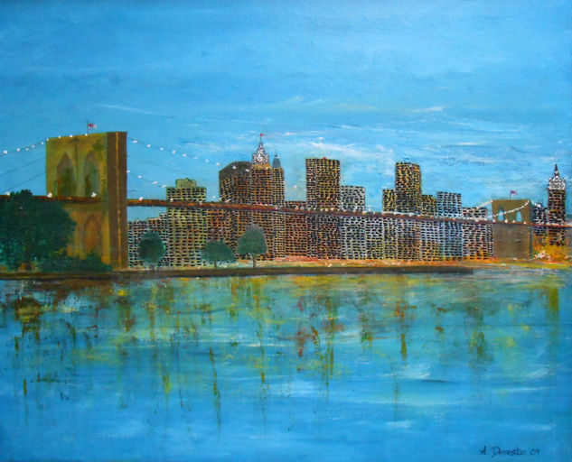 Luces del Brooklyn Bridge Media Mixta Tabla Paisaje
