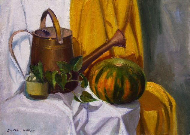 Regadera y calabaza / Watering can and pumpkin Óleo Lienzo Bodegones