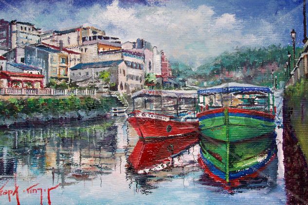 DESCANSANDO EN EL RIO MANDEO-BETANZOS Oil Canvas Marine Painting