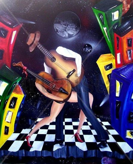 guitarra y violin Mixed media Panel Figure Painting