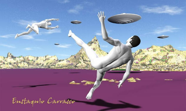 Hombres en movimiento ante platillos voladores.