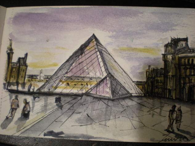 Louvre Acuarela Papel Paisaje