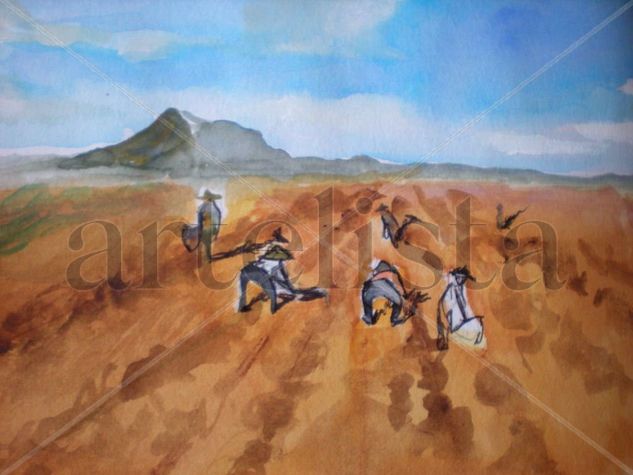 campesinos Aimaras trabajando Watercolour Paper Landscaping