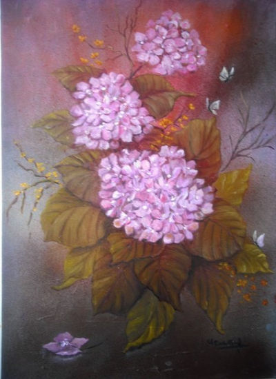 "HORTENSIAS" Oil Paper Floral Painting