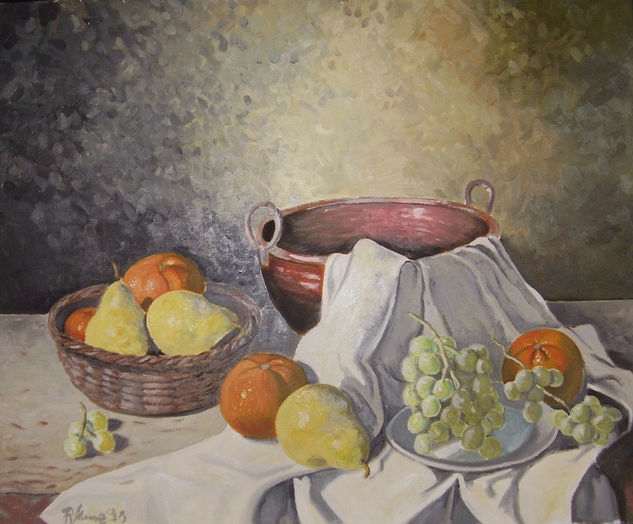 FRUTAS SOBRE MANTEL Oil Canvas Still Life Paintings