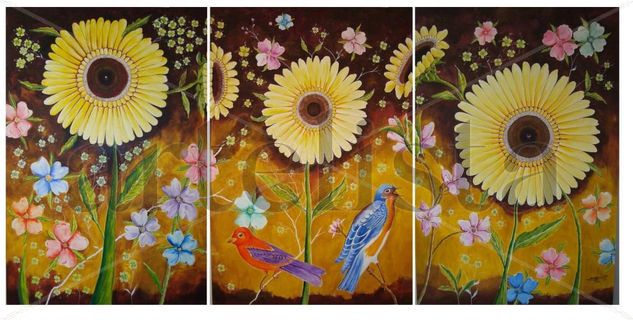 TRIO GIRASOLES Oil Canvas Floral Painting