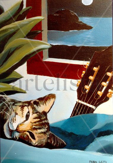 Gato con guitarra y ventana Acrylic Canvas Animals