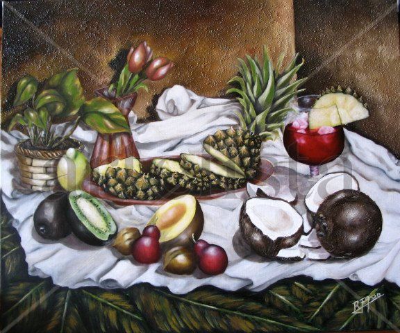 Bodegón Tropical coco y piña Oil Canvas Still Life Paintings