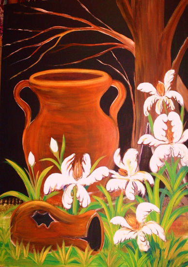 Tinaja y orquideas Oil Canvas Floral Painting