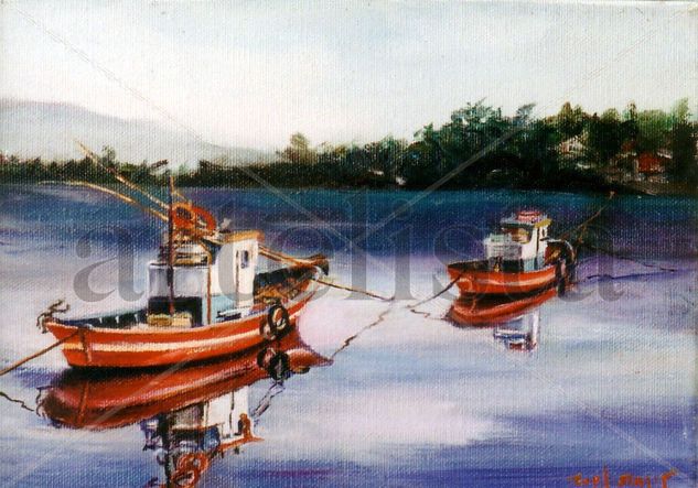 LANCHAS EN RIANXO Oil Canvas Marine Painting