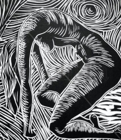 Mujer Arrodillada Frente al Túnel Linocut