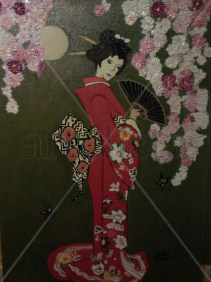 Geisha enmarcada en flores Oil Canvas Figure Painting