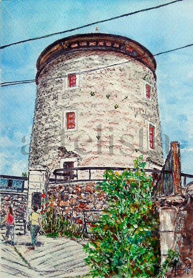 Torreón de Puebla de Lillo (León) Watercolour Paper Landscaping