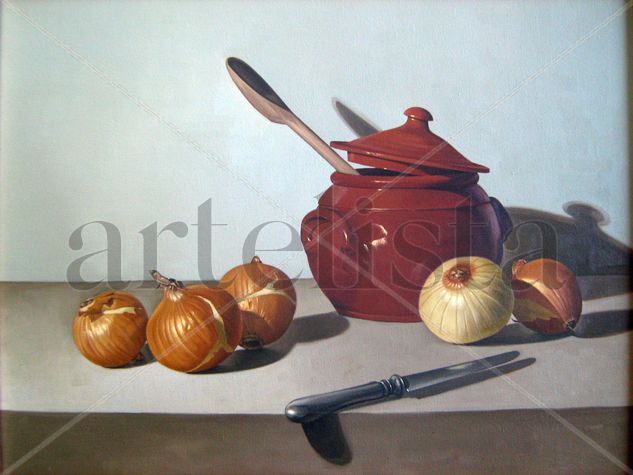 naturaleza muerta con cazuela y cebollas Oil Canvas Still Life Paintings