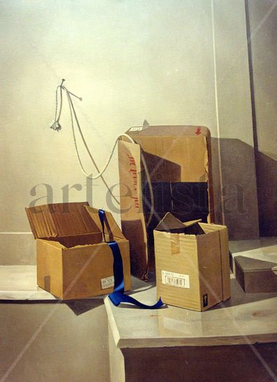 composicion con cajas y cinta azul Oil Canvas Still Life Paintings